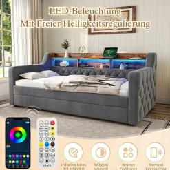 Okwish Lit Gigogne 90x190 cm Gris avec Rangement Intégré, LED et Port USB, Tissu Velours
