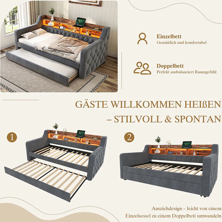 Okwish Lit Gigogne 90x190 cm Gris avec Rangement Intégré, LED et Port USB, Tissu Velours