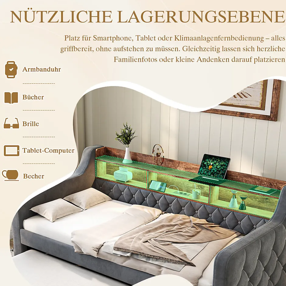 Okwish Lit Gigogne 90x190 cm Gris avec Rangement Intégré, LED et Port USB, Tissu Velours