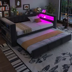 Okwish Lit Gigogne 90/180x190 cm, LED et Prise Électrique - Lit Simple avec Bureau Escamotable et Rangement - Gris Foncé - Sans Matelas Discount