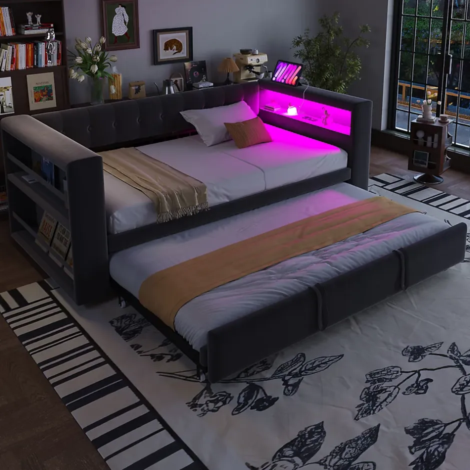 Okwish Lit Gigogne 90/180x190 cm, LED et Prise Électrique - Lit Simple avec Bureau Escamotable et Rangement - Gris Foncé - Sans Matelas Discount
