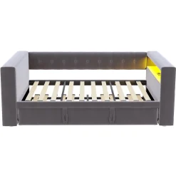 Okwish Lit Gigogne 90/180x190 cm, LED et Prise Électrique - Lit Simple avec Bureau Escamotable et Rangement - Gris Foncé - Sans Matelas Discount