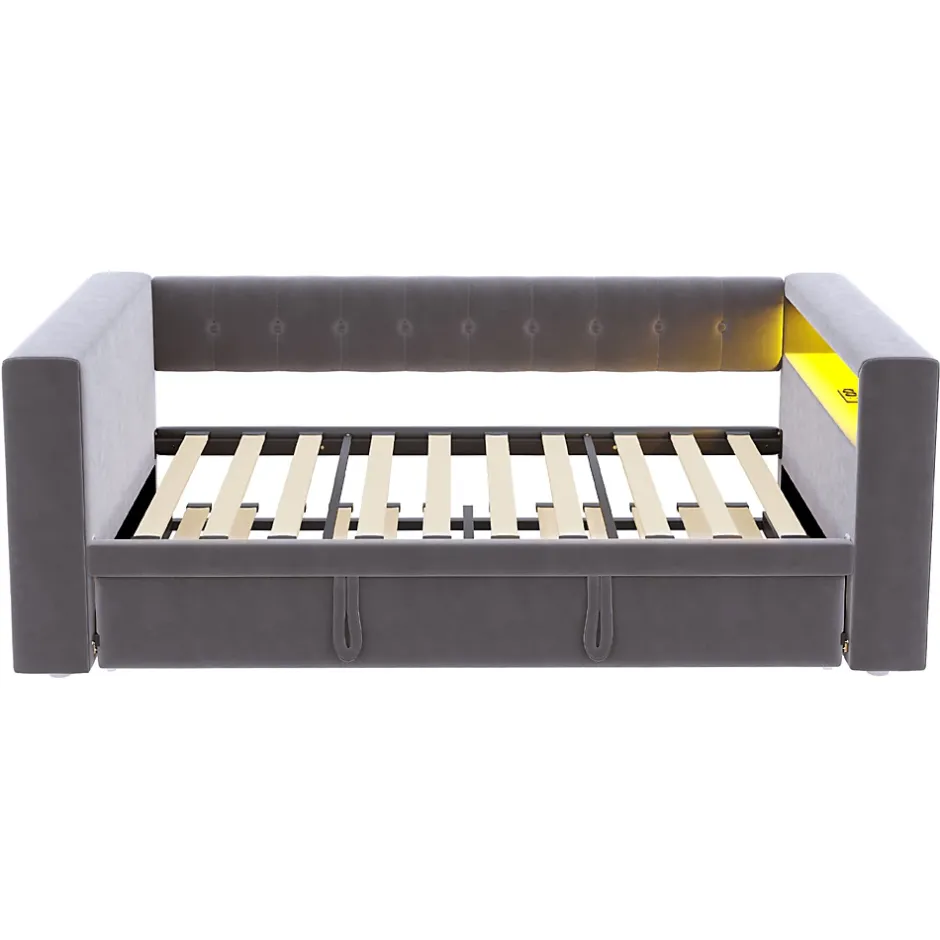 Okwish Lit Gigogne 90/180x190 cm, LED et Prise Électrique - Lit Simple avec Bureau Escamotable et Rangement - Gris Foncé - Sans Matelas Discount