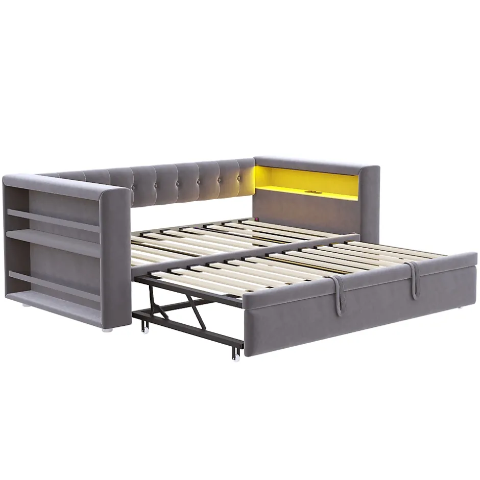 Okwish Lit Gigogne 90/180x190 cm, LED et Prise Électrique - Lit Simple avec Bureau Escamotable et Rangement - Gris Foncé - Sans Matelas Discount
