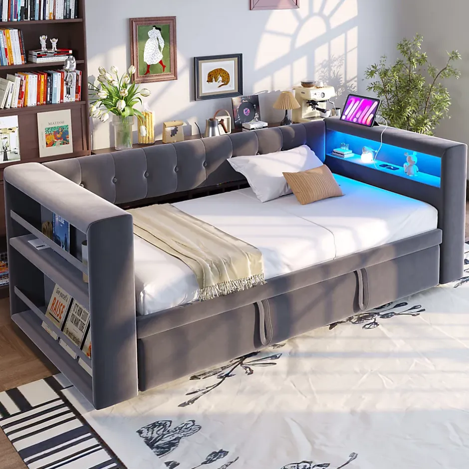 Okwish Lit Gigogne 90/180x190 cm, LED et Prise Électrique - Lit Simple avec Bureau Escamotable et Rangement - Gris Foncé - Sans Matelas Discount