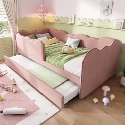 Okwish Lit Gigogne 90x190 cm, Lit Enfant Banquette avec Lit Tiroir et Sommier à Lattes, Design Moderne, Revêtement Velours Rose Online