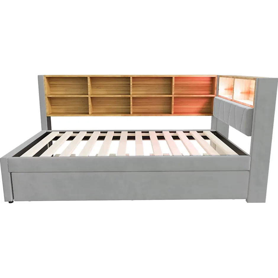Generique Lit Gigogne 90x200 cm, Lit Enfant avec Port USB et Rangements Intégrés, Éclairage LED Intégré, Tissu Gris Clair - Sans Matelas Online