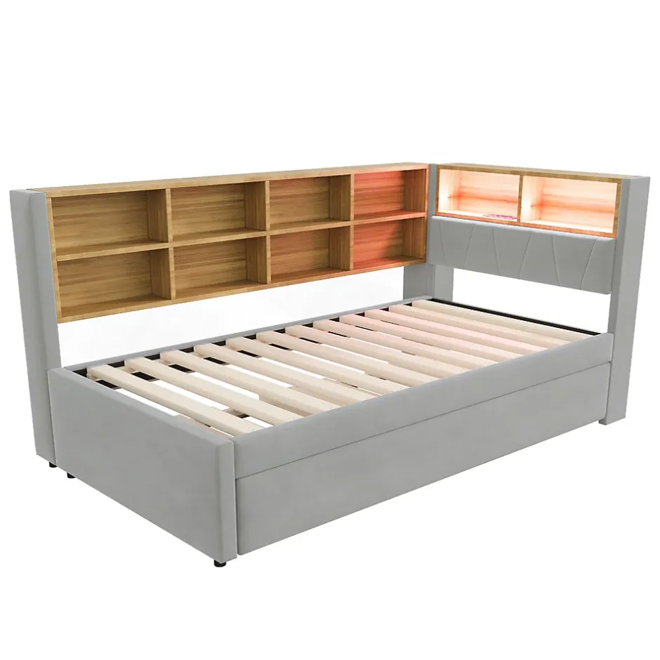Generique Lit Gigogne 90x200 cm, Lit Enfant avec Port USB et Rangements Intégrés, Éclairage LED Intégré, Tissu Gris Clair - Sans Matelas Online