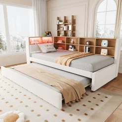 Okwish Lit Gigogne 90x200 cm, Lit Simple avec LED et Rangement Coulissant, Pratique pour Chambre enfant ou Ado - Sans Matelas - Beige