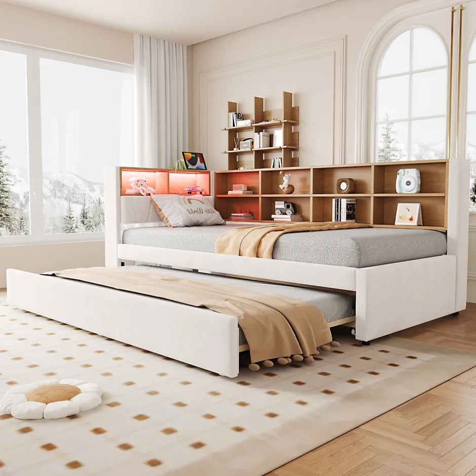 Okwish Lit Gigogne 90x200 cm, Lit Simple avec LED et Rangement Coulissant, Pratique pour Chambre enfant ou Ado - Sans Matelas - Beige