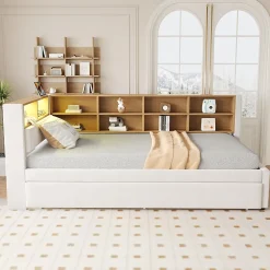 Okwish Lit Gigogne 90x200 cm, Lit Simple avec LED et Rangement Coulissant, Pratique pour Chambre enfant ou Ado - Sans Matelas - Beige