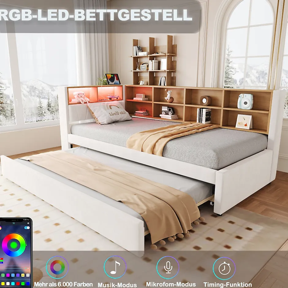 Okwish Lit Gigogne 90x200 cm, Lit Simple avec LED et Rangement Coulissant, Pratique pour Chambre enfant ou Ado - Sans Matelas - Beige