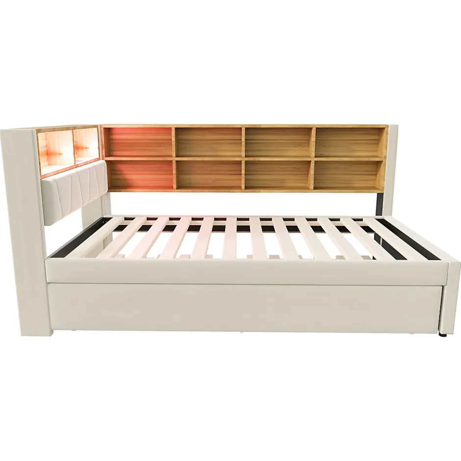 Okwish Lit Gigogne 90x200 cm, Lit Simple avec LED et Rangement Coulissant, Pratique pour Chambre enfant ou Ado - Sans Matelas - Beige