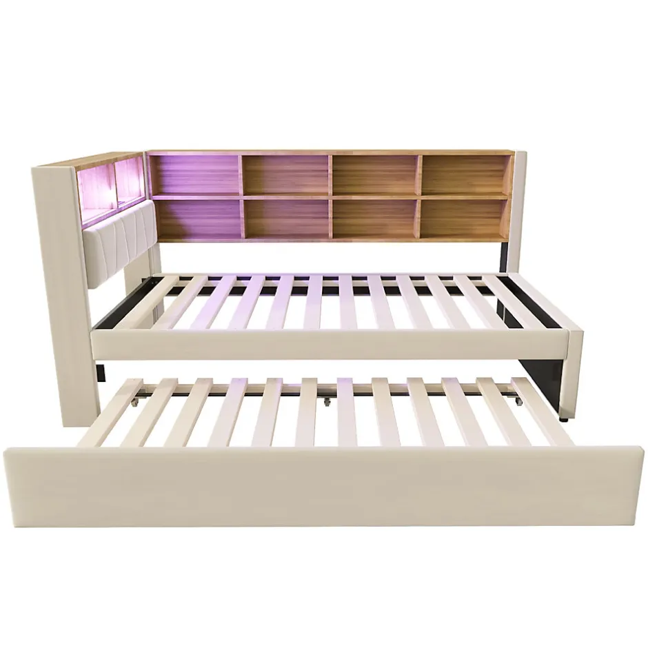 Okwish Lit Gigogne 90x200 cm, Lit Simple avec LED et Rangement Coulissant, Pratique pour Chambre enfant ou Ado - Sans Matelas - Beige