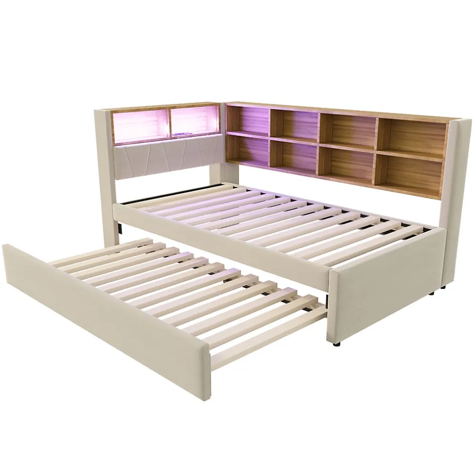 Okwish Lit Gigogne 90x200 cm, Lit Simple avec LED et Rangement Coulissant, Pratique pour Chambre enfant ou Ado - Sans Matelas - Beige