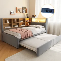 Okwish Lit Gigogne 90x200 cm, Lit Simple enfant avec Port USB et Rangements Intégrés - Tissu Gris Foncé - Sans Matelas