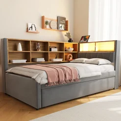 Okwish Lit Gigogne 90x200 cm, Lit Simple enfant avec Port USB et Rangements Intégrés - Tissu Gris Foncé - Sans Matelas