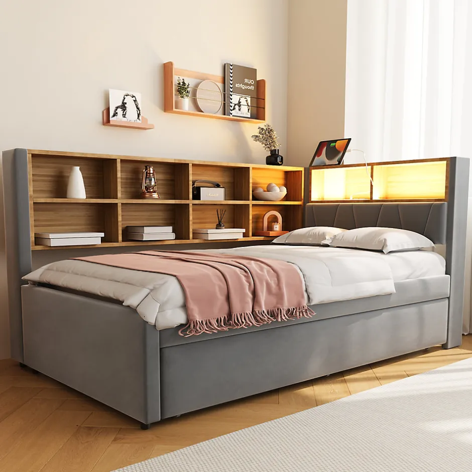 Okwish Lit Gigogne 90x200 cm, Lit Simple enfant avec Port USB et Rangements Intégrés - Tissu Gris Foncé - Sans Matelas