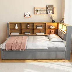 Okwish Lit Gigogne 90x200 cm, Lit Simple enfant avec Port USB et Rangements Intégrés - Tissu Gris Foncé - Sans Matelas