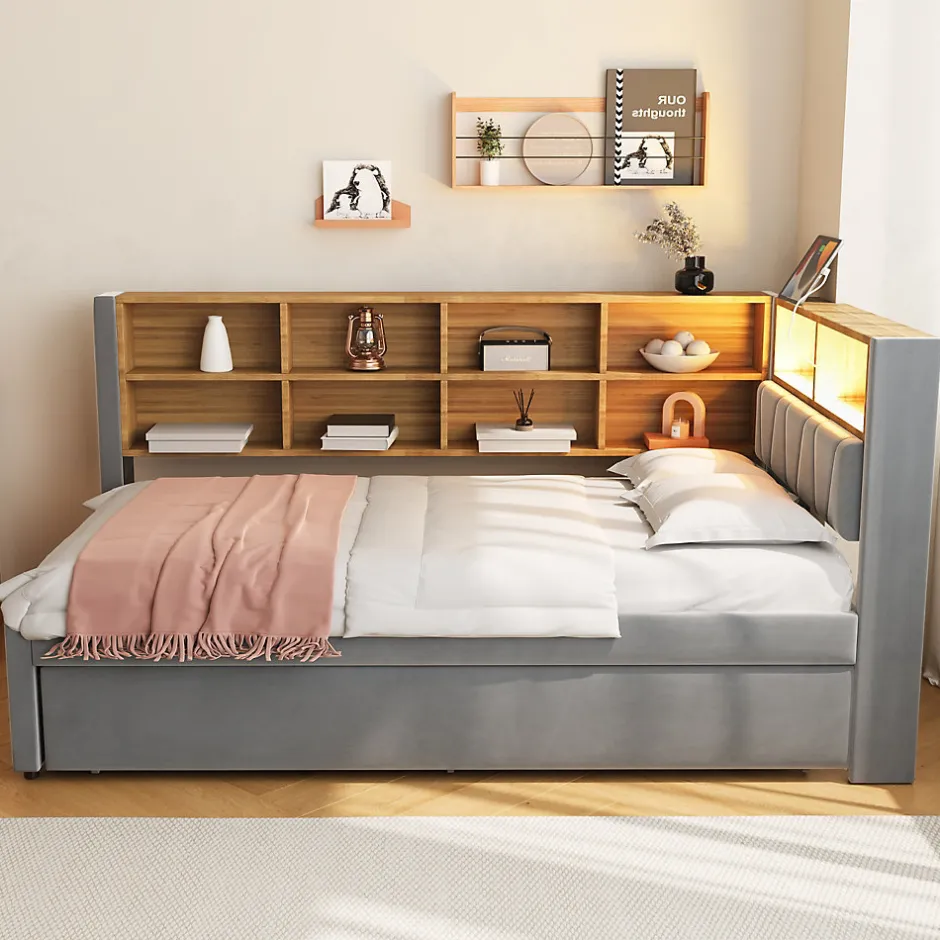 Okwish Lit Gigogne 90x200 cm, Lit Simple enfant avec Port USB et Rangements Intégrés - Tissu Gris Foncé - Sans Matelas