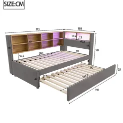 Okwish Lit Gigogne 90x200 cm, Lit Simple enfant avec Port USB et Rangements Intégrés - Tissu Gris Foncé - Sans Matelas