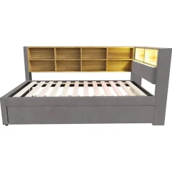 Okwish Lit Gigogne 90x200 cm, Lit Simple enfant avec Port USB et Rangements Intégrés - Tissu Gris Foncé - Sans Matelas
