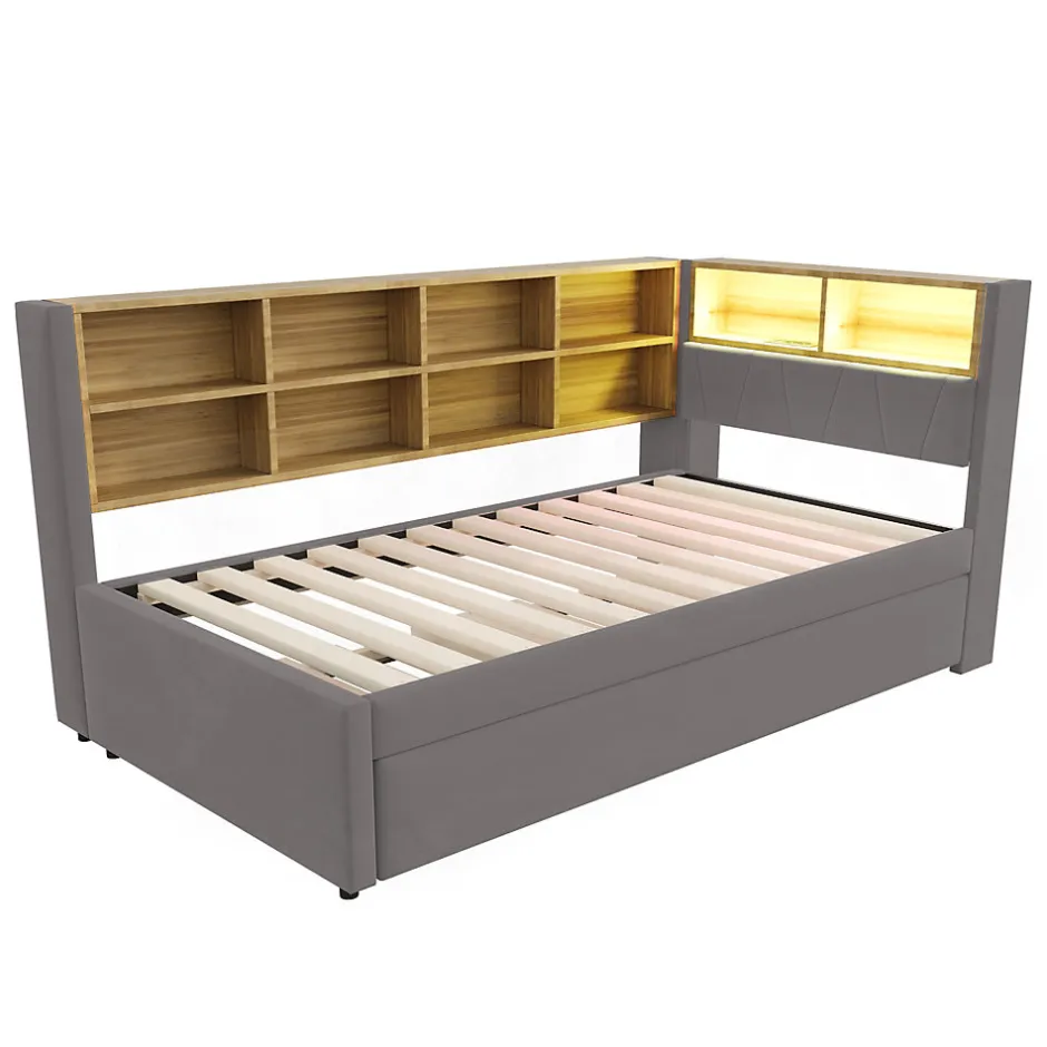 Okwish Lit Gigogne 90x200 cm, Lit Simple enfant avec Port USB et Rangements Intégrés - Tissu Gris Foncé - Sans Matelas