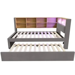 Okwish Lit Gigogne 90x200 cm, Lit Simple enfant avec Port USB et Rangements Intégrés - Tissu Gris Foncé - Sans Matelas