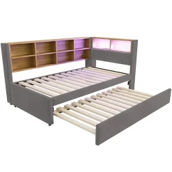 Okwish Lit Gigogne 90x200 cm, Lit Simple enfant avec Port USB et Rangements Intégrés - Tissu Gris Foncé - Sans Matelas
