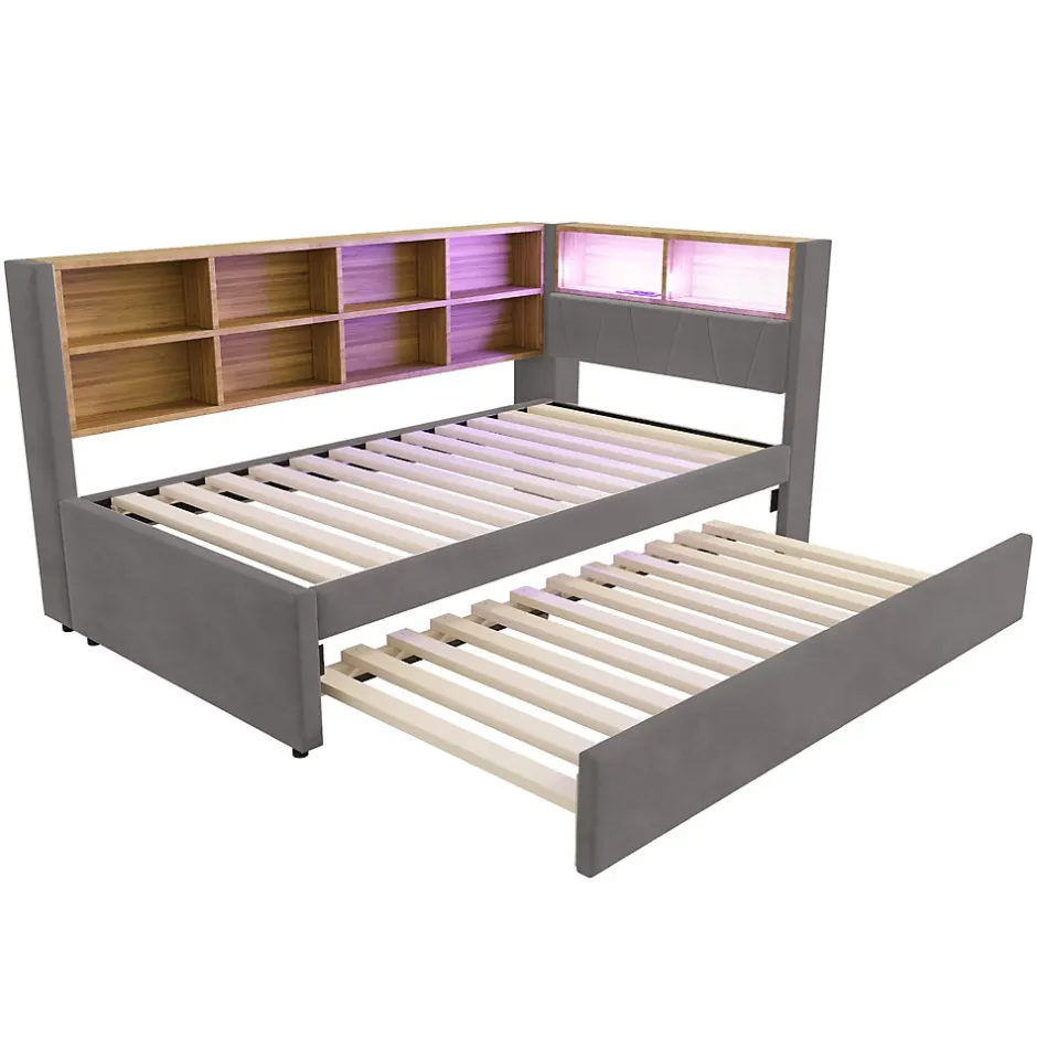 Okwish Lit Gigogne 90x200 cm, Lit Simple enfant avec Port USB et Rangements Intégrés - Tissu Gris Foncé - Sans Matelas