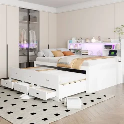 Okwish Lit Gigogne 140x200 cm, Lit Tiroir et 3 Tiroirs Multifonction avec LED Télécommande et Ports USB Type-C - Blanc, Sans Matelas