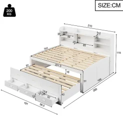 Okwish Lit Gigogne 140x200 cm, Lit Tiroir et 3 Tiroirs Multifonction avec LED Télécommande et Ports USB Type-C - Blanc, Sans Matelas