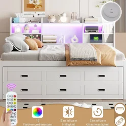 Okwish Lit Gigogne 140x200 cm, Lit Tiroir et 3 Tiroirs Multifonction avec LED Télécommande et Ports USB Type-C - Blanc, Sans Matelas