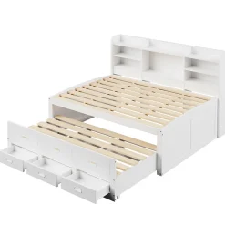 Okwish Lit Gigogne 140x200 cm, Lit Tiroir et 3 Tiroirs Multifonction avec LED Télécommande et Ports USB Type-C - Blanc, Sans Matelas