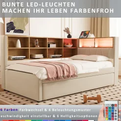 Generique Lit Gigogne 90x200 cm pour enfant ou Ado, Lit 90x190 cm avec Port USB et Rangements Intégrés - Tissu Beige - Sans Matelas