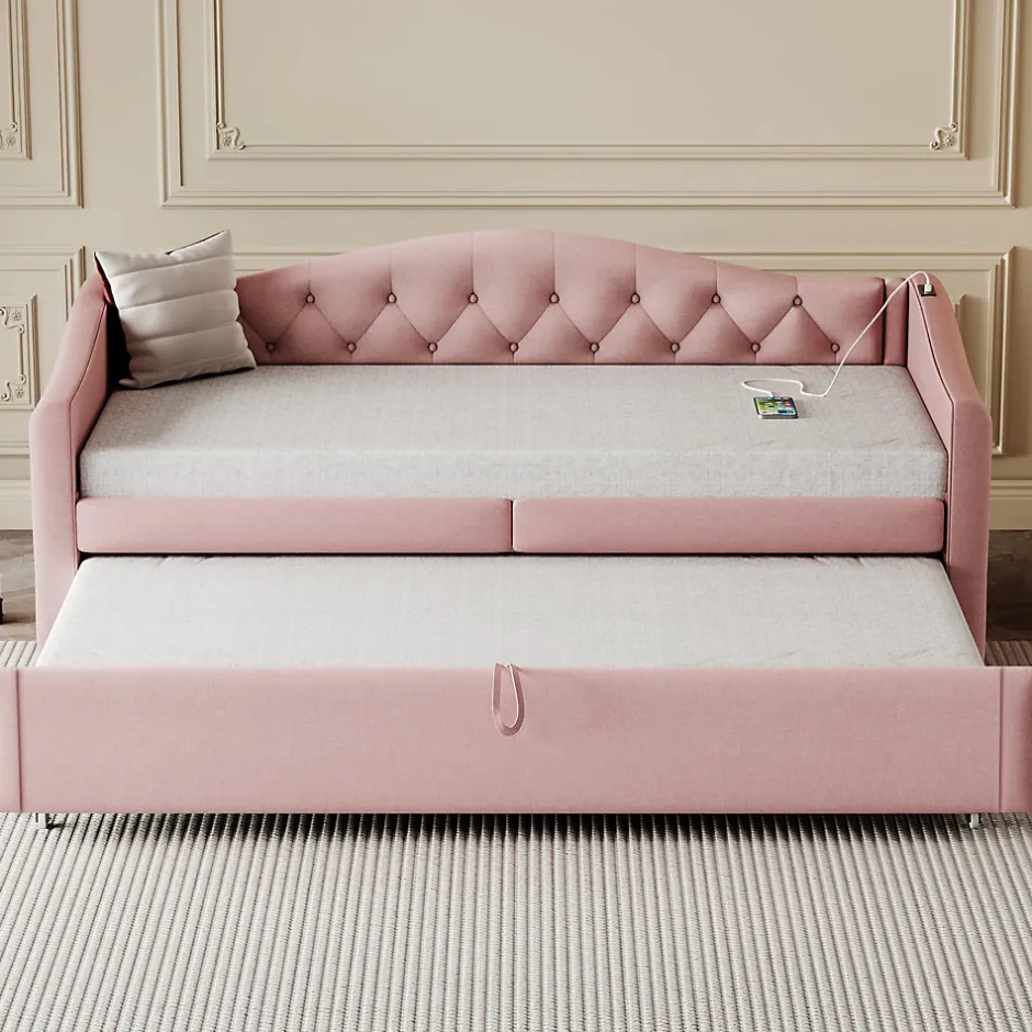 Okwish Lit Gigogne 90x200 cm, Tissu Lin Rose, Canapé Classique avec Boutons Décoratifs, Lit d'Appoint Multifonction - Sans Matelas