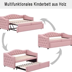 Okwish Lit Gigogne 90x200 cm, Tissu Lin Rose, Canapé Classique avec Boutons Décoratifs, Lit d'Appoint Multifonction - Sans Matelas