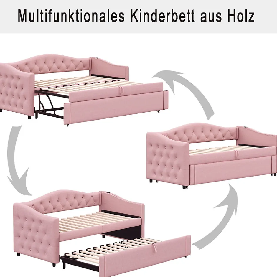 Okwish Lit Gigogne 90x200 cm, Tissu Lin Rose, Canapé Classique avec Boutons Décoratifs, Lit d'Appoint Multifonction - Sans Matelas