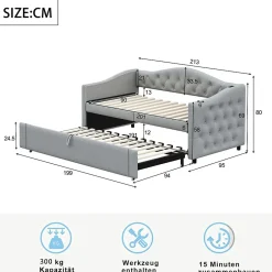 Okwish Lit Gigogne 90x200 cm, Tissu Lin Gris, Canapé Classique avec Boutons Décoratifs, Lit d'Appoint Multifonction - Sans Matelas Clearance