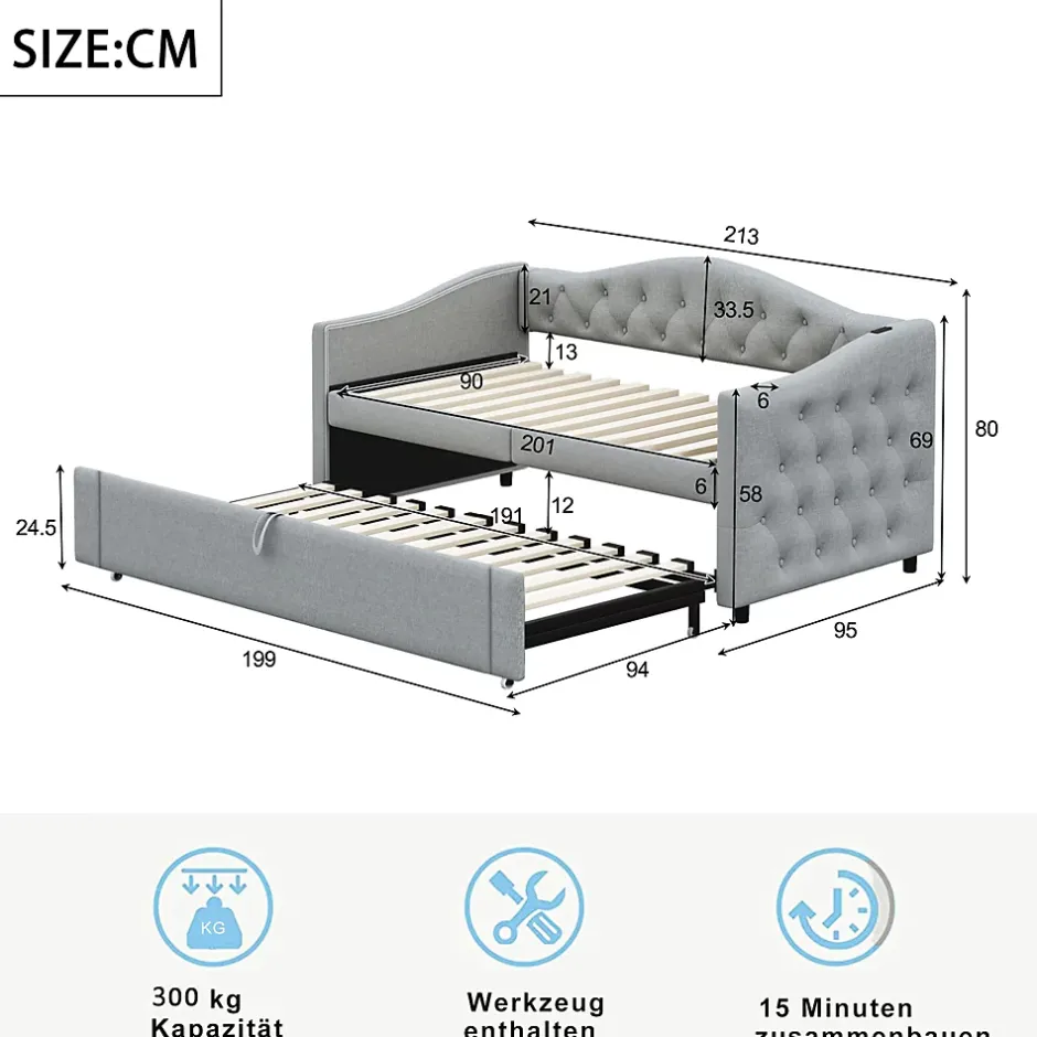 Okwish Lit Gigogne 90x200 cm, Tissu Lin Gris, Canapé Classique avec Boutons Décoratifs, Lit d'Appoint Multifonction - Sans Matelas Clearance