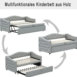 Okwish Lit Gigogne 90x200 cm, Tissu Lin Gris, Canapé Classique avec Boutons Décoratifs, Lit d'Appoint Multifonction - Sans Matelas Clearance