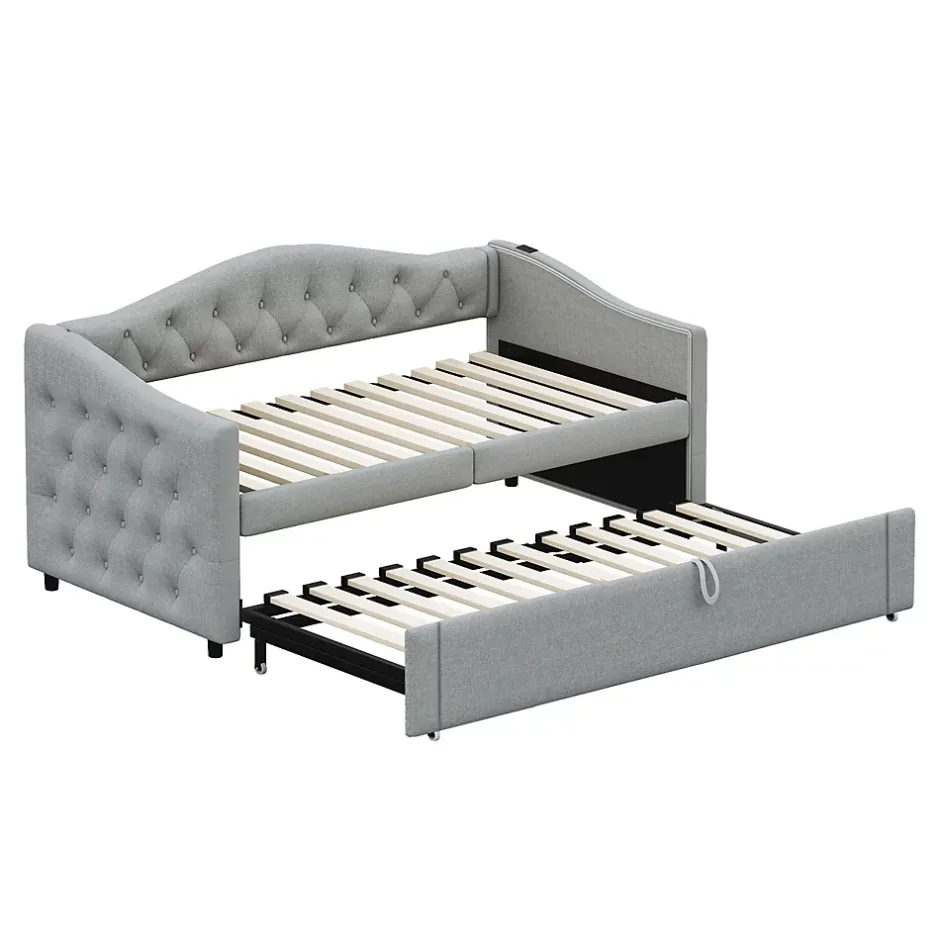 Okwish Lit Gigogne 90x200 cm, Tissu Lin Gris, Canapé Classique avec Boutons Décoratifs, Lit d'Appoint Multifonction - Sans Matelas Clearance
