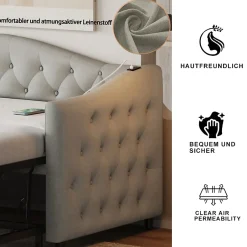 Okwish Lit Gigogne 90x200 cm, Tissu Lin Gris, Canapé Classique avec Boutons Décoratifs, Lit d'Appoint Multifonction - Sans Matelas Clearance