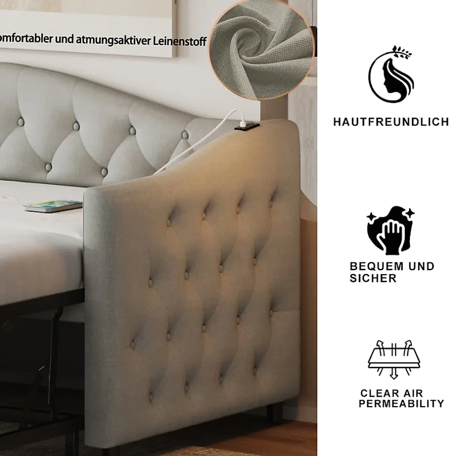 Okwish Lit Gigogne 90x200 cm, Tissu Lin Gris, Canapé Classique avec Boutons Décoratifs, Lit d'Appoint Multifonction - Sans Matelas Clearance