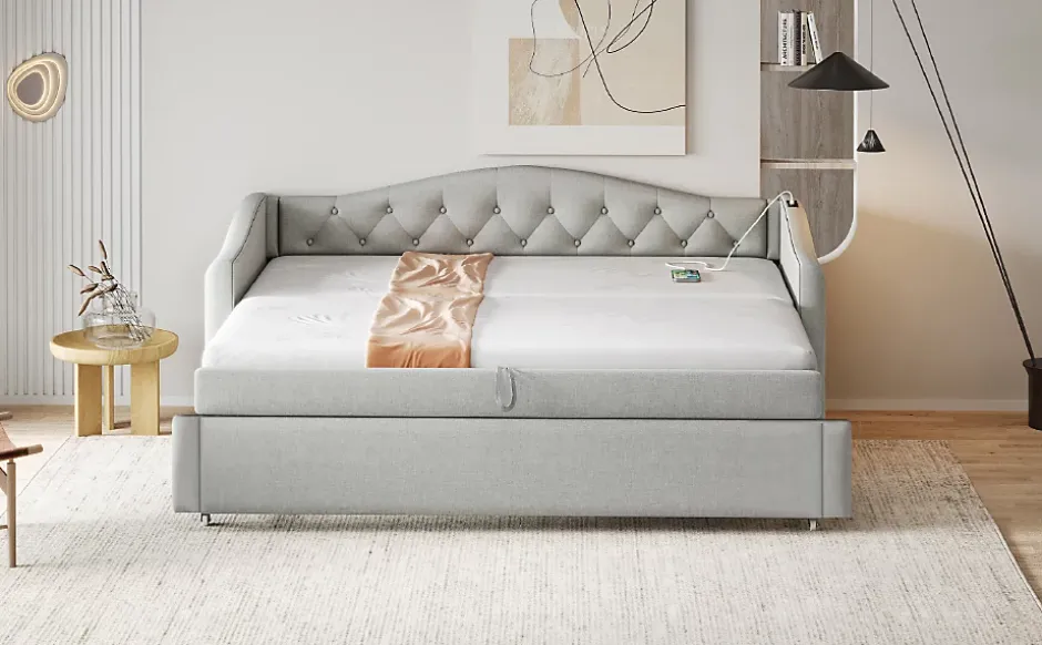 Okwish Lit Gigogne 90x200 cm, Tissu Lin Gris, Canapé Classique avec Boutons Décoratifs, Lit d'Appoint Multifonction - Sans Matelas Clearance
