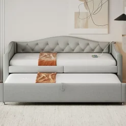 Okwish Lit Gigogne 90x200 cm, Tissu Lin Gris, Canapé Classique avec Boutons Décoratifs, Lit d'Appoint Multifonction - Sans Matelas Clearance