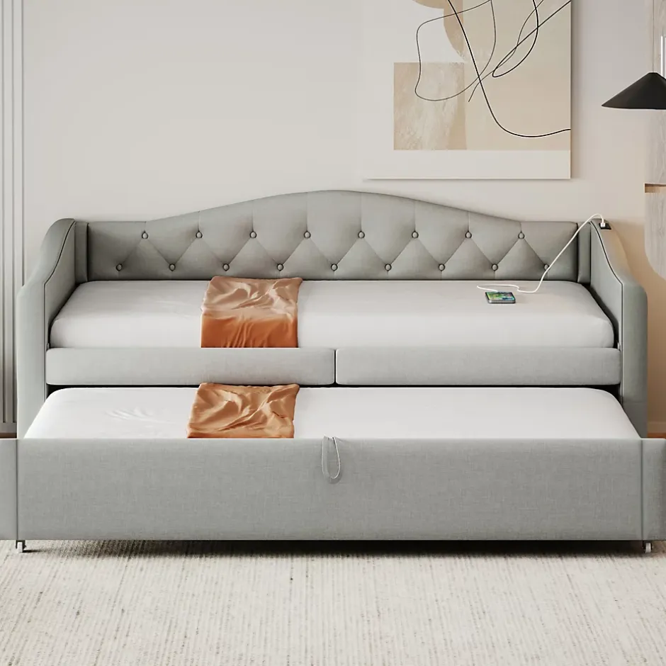 Okwish Lit Gigogne 90x200 cm, Tissu Lin Gris, Canapé Classique avec Boutons Décoratifs, Lit d'Appoint Multifonction - Sans Matelas Clearance