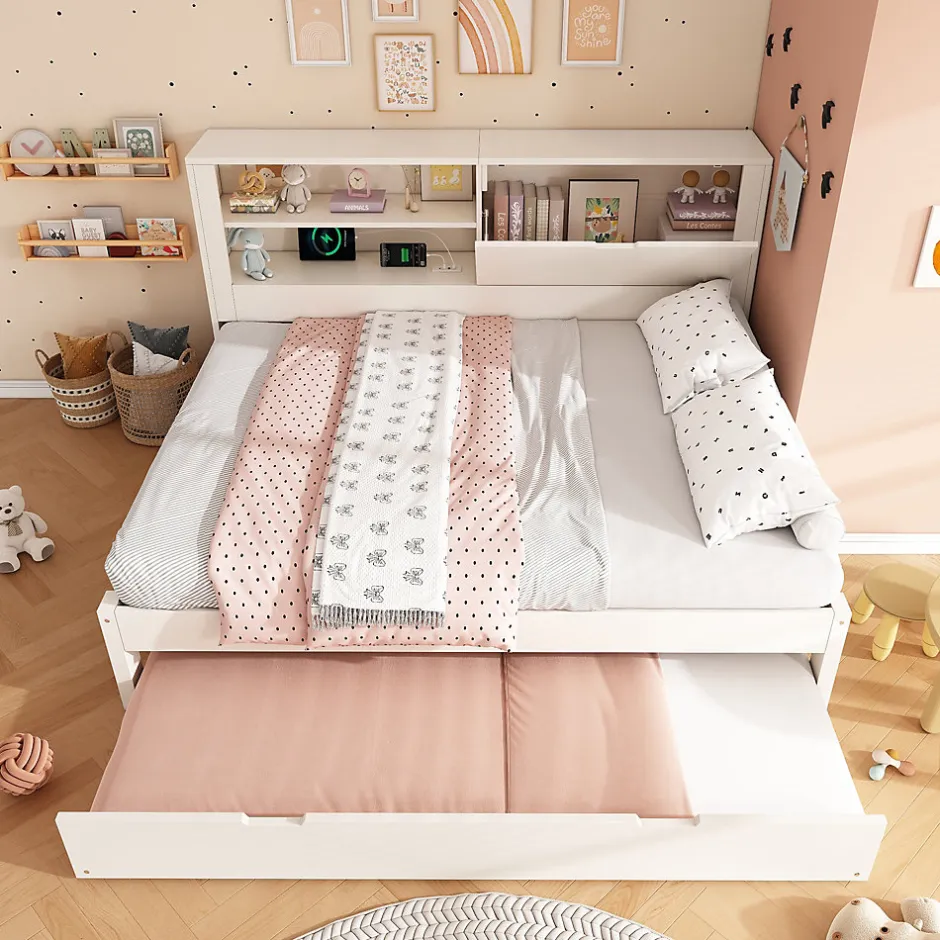 Okwish Lit Gigogne 90/140x190 cm, Tête de Lit Rangement et Compartiment Ouvert, USB/USB-C - MDF/Contreplaqué/Panneaux de Particules Blanc