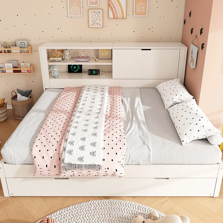 Okwish Lit Gigogne 90/140x190 cm, Tête de Lit Rangement et Compartiment Ouvert, USB/USB-C - MDF/Contreplaqué/Panneaux de Particules Blanc