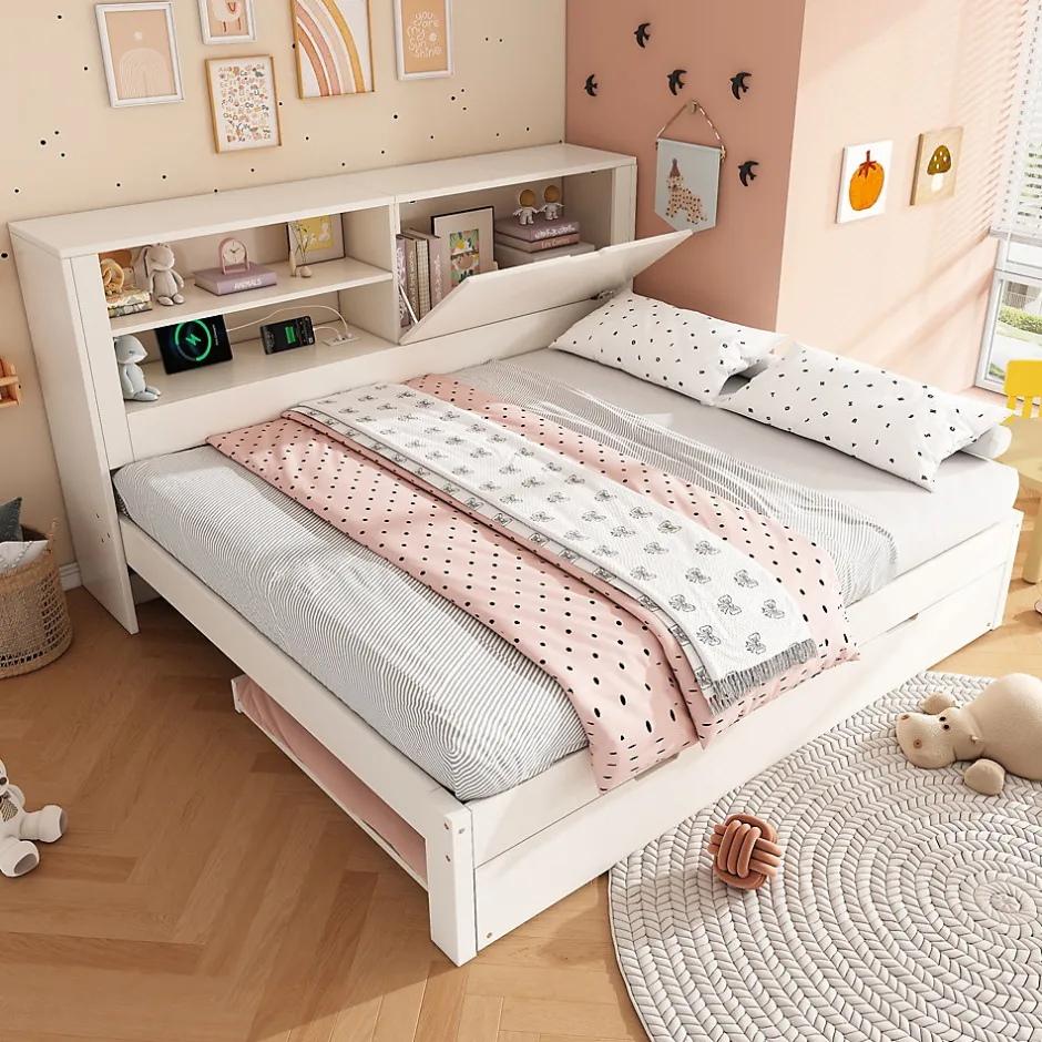 Okwish Lit Gigogne 90/140x190 cm, Tête de Lit Rangement et Compartiment Ouvert, USB/USB-C - MDF/Contreplaqué/Panneaux de Particules Blanc